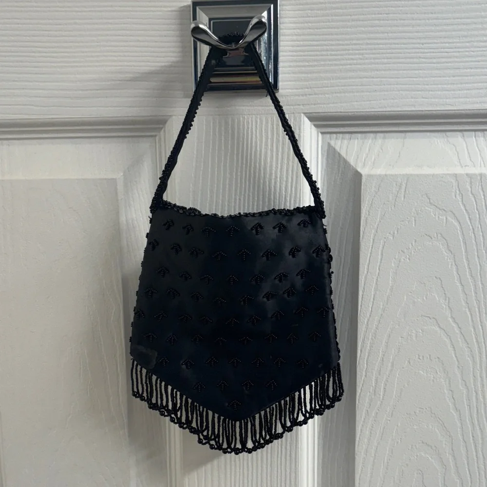 Vintage Handmade Black Beaded Fringe Evening Bag - For Ganson of California
